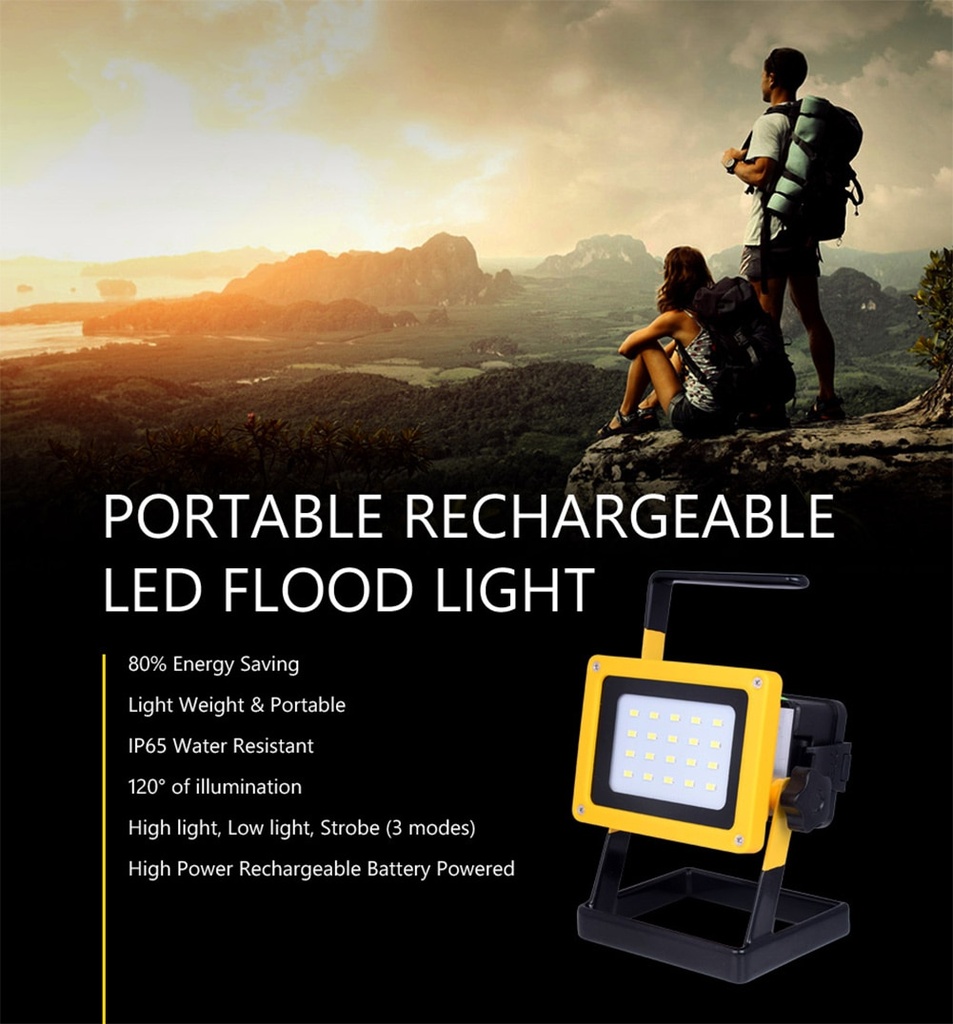 30W Recharge Portable LED Floodlight Lithium 18650 Battery 20LEDs IP65 100-240V Light +Charger