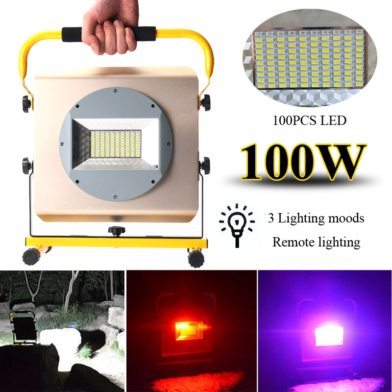 100W Recharge Portable LED Floodlight Lithium 18650 Battery 2400LM Outdoor Working Light