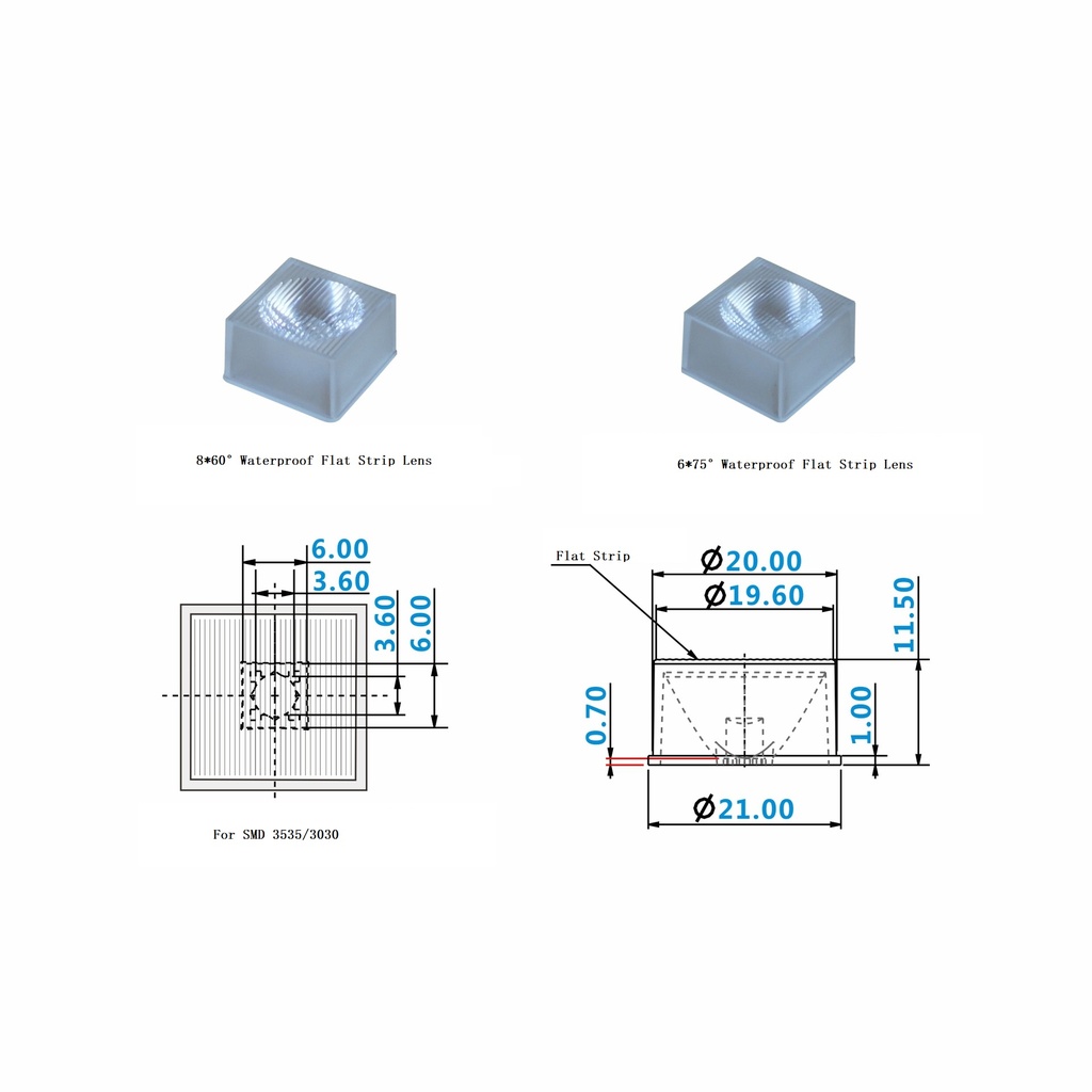 21mm LED Lens Waterproof Flat Strip Lens 8*60 /6*75 Degree For SMD 3535/3030 LED 