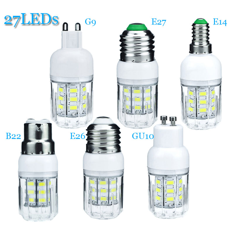 27LEDs E26 E27 E14 E12 B22 GU10 G9 5730 SMD LED Corn Bulb Lamp DC12V/DC24V Chandelier LEDs Candle light