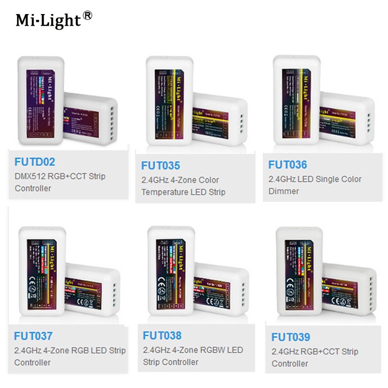 FUT035 FUT036 FUT037 FUT038 FUT039 FUTD02 Milight 2.4G single color CCT RGB RGBW DMX512 RGB+CCT Dimmer LED Strip Controller