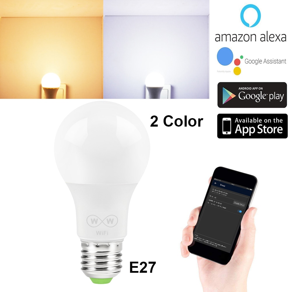 WiFi Smart Light Bulb 6.5W E27 lamp 2700-3500K NO RGB White Light and Warm Light Only for Amazon Alexa Google Home 650ml